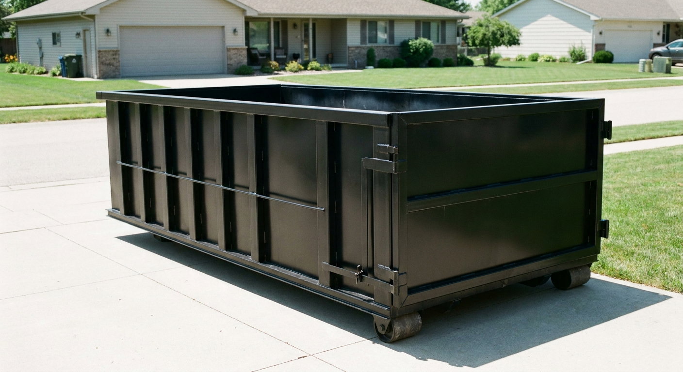 Matte-black 10-yard roll-off dumpster on a residential concrete driveway in Athol, uniformly painted matte black across every panel and rail, ribbed steel sidewalls and rear swing door visible, mid-day daylight.